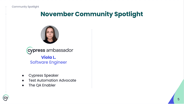 Cypress November Community Spotlight slide featuring Viola L.